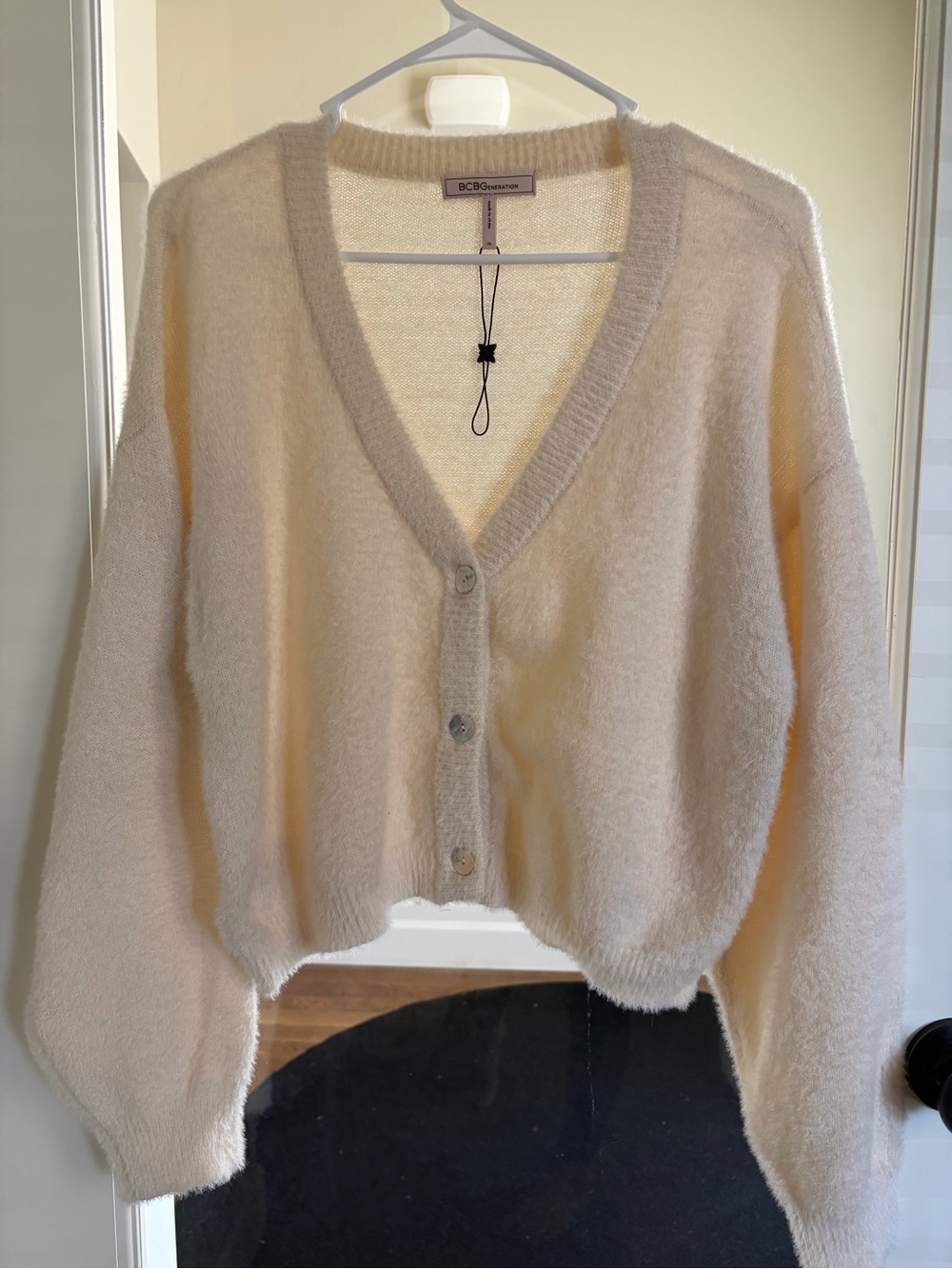 BCBGeneration Cream Fuzzy V-Neck Button Cardigan